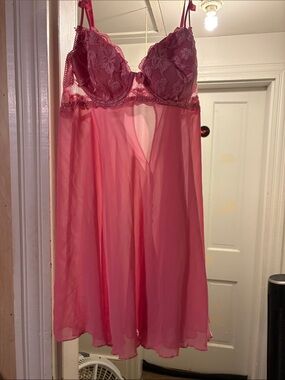 delicates Pink Lace & Sheer Chiffon Babydoll Chemise